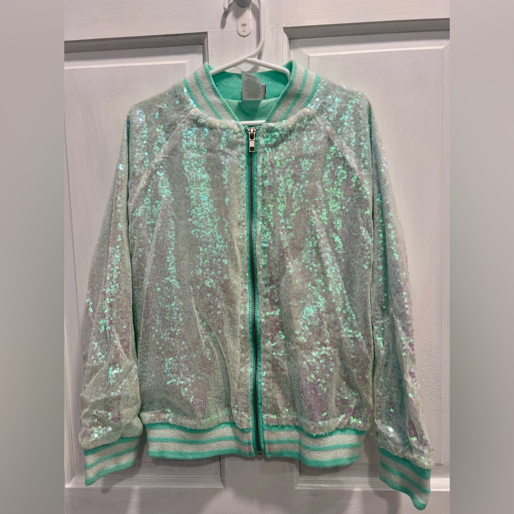 DISNEY Sparkling Sequin ARIEL Seafoam Green Bomber Jacket SMALL Girls Pre Loved